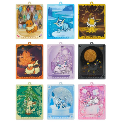 Pokemon Blooming Legends keychain box contents showing booster packs and Eevee acrylic keychain